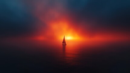 sunset over a calm ocean, where the sky transitions from fiery orange to deep indigo.