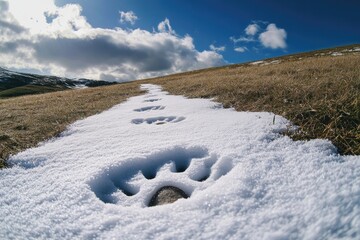 A close-up shot of dog paw prints left in the fresh snow