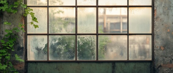 Windowpane reveals a blurred view of an overgrown garden at sunset reflecting tranquil outdoor ambiance