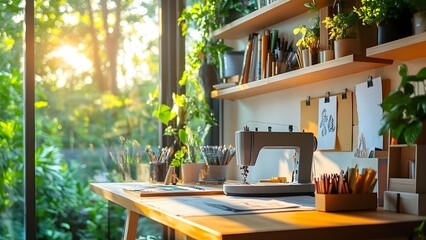 A well-lit creative workspace with a sewing machine, art supplies, and plants, set against a sunny outdoor view. Concept Creative Workspace Design, Sewing Machine Setup, Art Supplies Organization