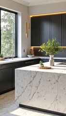 kitchen with dark cabinets and marble countertops.