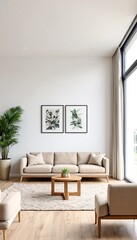 A modern living room with white walls and a light wood floor, featuring a cream-colored couch and matching armchair on top of a rug, accompanied by a coffee table, plant, and framed artwork.