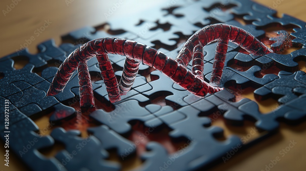 Poster conceptual image of the double helix twisting through a series of puzzles, symbolizing how genetic i