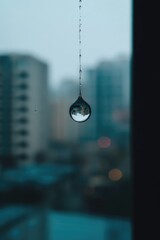 A single drop of water hangs from a window, ready to fall
