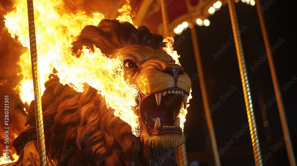 Poster a close-up view of a lion statue on a merry-go-round