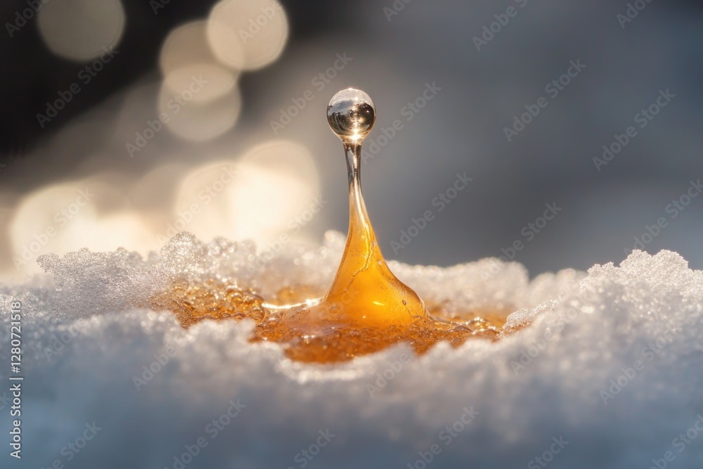 Poster a small amount of liquid sits atop a blanket of snow, with a clear distinction between the two surfa