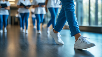 Naklejka premium Close-up of the legs and feet of a young male nurse wearing blue scrubs, walking down a hospital hallway with other nurses in the background holding medical clipboards. Ai generated