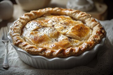 A single serving of pie sits atop a white plate, ready to be enjoyed