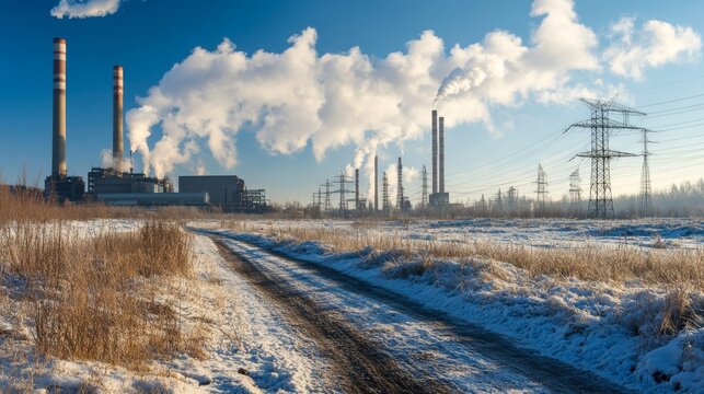 Industrial landscape in winter with smoke rising from power plants and a snowy path under a clear blue sky