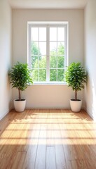A bright and airy room with two potted plants in front of a window and wooden floors.