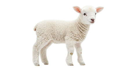 Fototapeta premium Cute playful lamb standing on a clean background with bright eyes and fluffy fleece