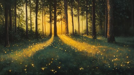 Obraz premium sunset, where golden light filters through the trees, casting long shadows. Fireflies begin to twinkle, signaling the arrival of night.
