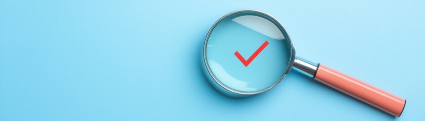 Magnifying Glass Highlighting Red Checkmark on Blue Background for Satisfaction and Success Concepts