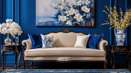 A stately Victorian-style camelback sofa in soft taupe against a deep sapphire blue backdrop
