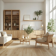 Cozy Living Space: Modern and elegant living room interior design, bathed in natural light and furnished with wooden elements. Includes a stylish sofa, armchairs.