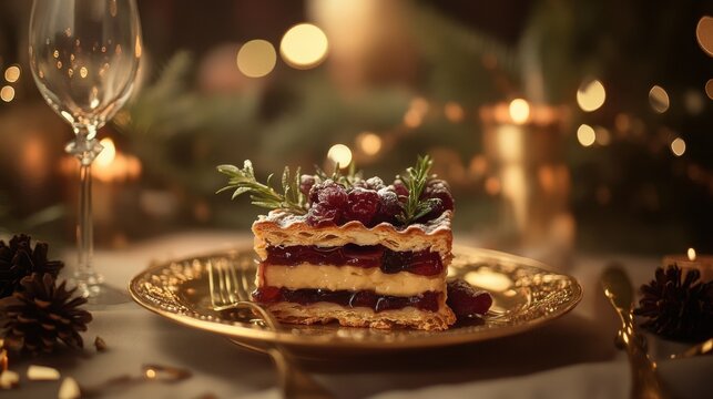 A stylish serving of Pt en Crote with jelly and herbs on an elegant gold background