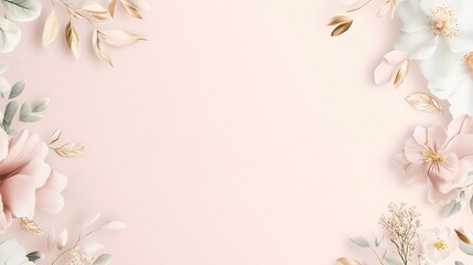 Fototapeta premium Delicate paper flowers arrangement in blush pink and gold tones with copy space