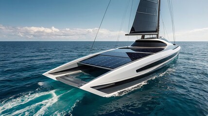 Fototapeta premium Futuristic Solar Powered Yacht Sailing on the Blue Ocean on a Bright Day Innovative Design and Sustainable Technology