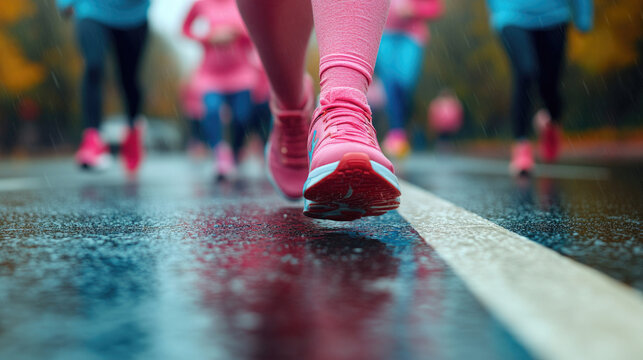 Runners in pink shoes participate in a community event on a rainy day in a city park