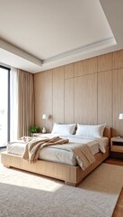 Modern Bedroom with Wood Accents and Light Colors.