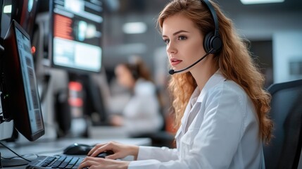 Focused caucasian young female call center agent with headset at workstation.