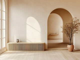 Architectural Harmony: A serene interior bathed in soft natural light, showcasing arched doorways and a minimalist aesthetic. The interplay of light and shadow enhances the warm tones of the space. 