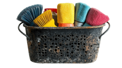 Bright and cheerful cleaning supplies showcased in a rustic basket for spring cleaning