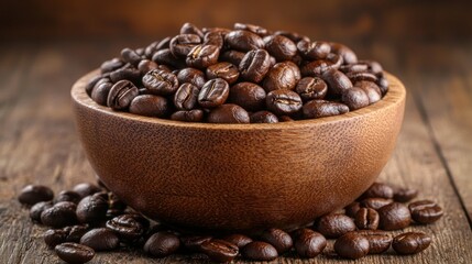 Fototapeta premium Roasted coffee beans in wooden bowl, dark wood background, food photography