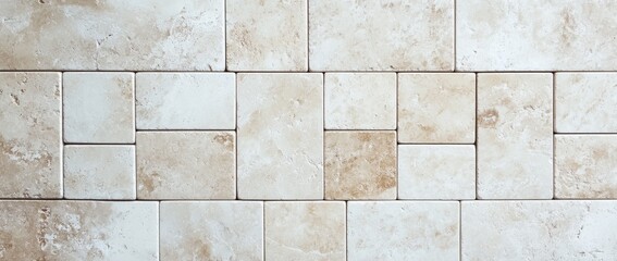 Fototapeta premium Light-colored tile arrangement on a floor showcasing a natural stone pattern with varying tones and textures