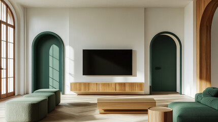 Modern Living Room: A stylish and modern living room interior, showcasing a harmonious blend of textures and hues. Featuring a large screen, comfortable seating, and elegant architectural elements.