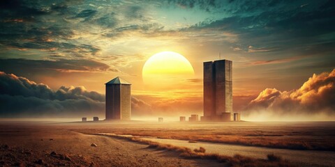 Silhouetted minimalist architecture against a surreal, vibrant sunset; a sci-fi dreamscape.