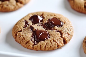 A close-up view of a cookie with melted chocolate on top, perfect for food bloggers and advertisers seeking high-quality images for recipes and products