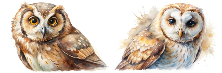 Detailed watercolor owls, realistic animal portraits, nature illustration, wildlife art, vibrant colors, artistic design.