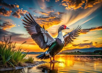 Fototapeta premium Silhouetted Muscovy duck, wings spread wide, on dry land near a lake.