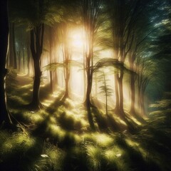 Obraz premium Sunbeams stream through a lush, mystical forest, illuminating a grassy clearing.