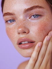 An extreme close-up beauty shot of a young woman with freckles, blue eyes, full lips, and radiant, dewy skin