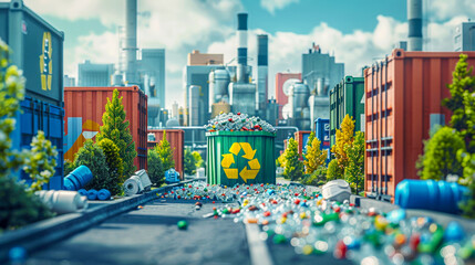 Toy model of plastic waste recycling plant. Concept of environmental protection from pollution. Reducing anthropogenic impact on nature.