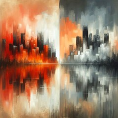 An abstract painting of a city reflected in water, with one side in warm orange tones and the other in cool gray tones.