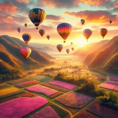 Aerial view of many hot air balloons flying over a field of colorful flowers at sunset.