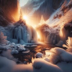 A frozen waterfall and stream are illuminated by the morning sun in a winter mountain landscape.