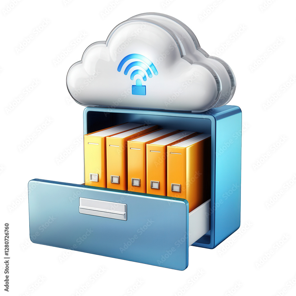 Poster files stored in folders, concept of cloud data storage