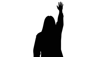 Silhouette of a woman raising her hand against a white background
