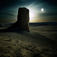 A lone rock formation in a desert landscape at night, under a full moon.