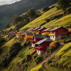Colorful houses are built on a lush green hillside.