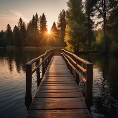 A wooden footbridge extends over a calm lake at sunset, surrounded by trees.