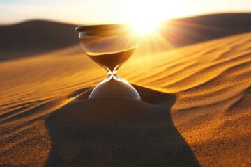 A solitary hourglass sits amidst the vast expanse of a desert landscape, with dunes and cacti stretching out as far as the eye can see
