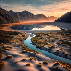 Aerial view of a river flowing through a sandy landscape, with mountains in the background at sunset.