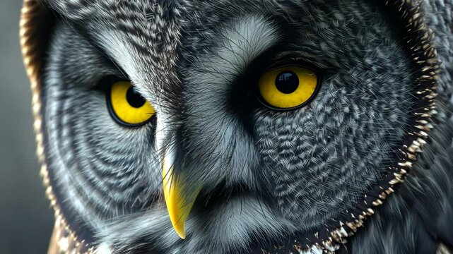 Closeup of a great grey owl Strix nebulosa showcasing detailed feathers and striking yellow eye, Great grey owl (Strix nebulosa) close up