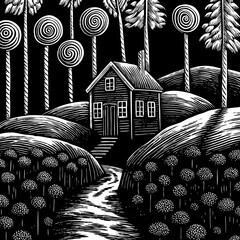 Black and white illustration of a small house nestled in a whimsical landscape with spiral-shaped trees.