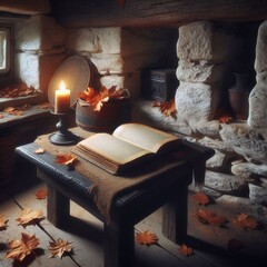 A lit candle sits on a rustic wooden table in a stone room, with autumn leaves scattered around.
